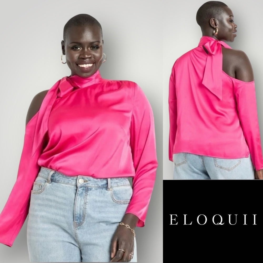 Eloquii | One Shoulder Scarf Blouse Tie Neck Satin Long Sleeve EUC